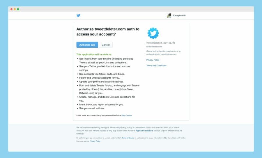 Authorizing "TweetDeleter" to Access Twitter 