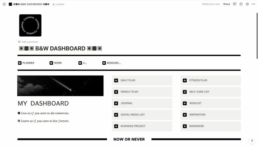 B&W Dashboard - Notion Project Template